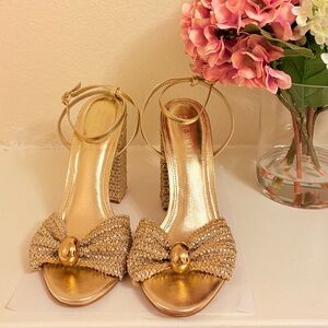 Steve Madden Gold Metallic Block Heels - Woven Bow & Bead Detail - 5" Heel